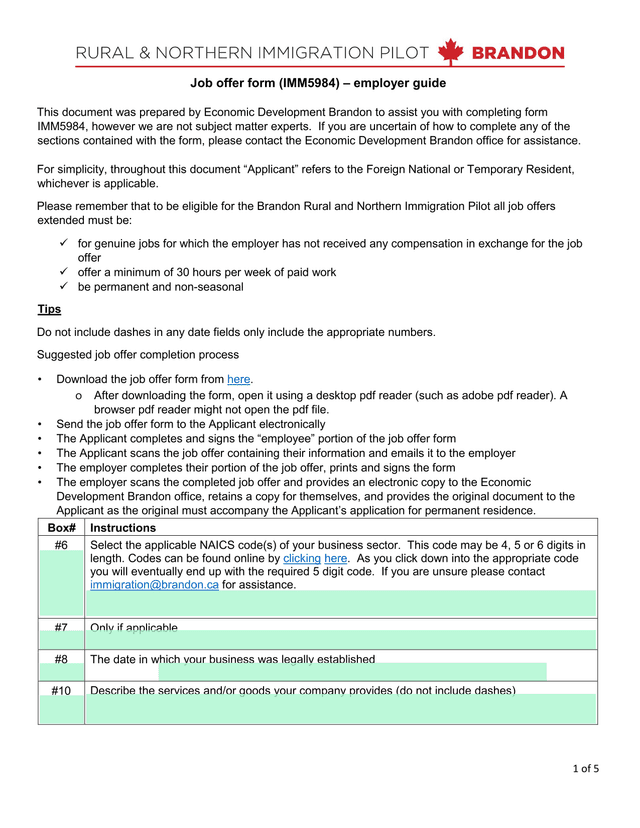 Job Offer Form (IMM5984)  Employer Guide screenshot