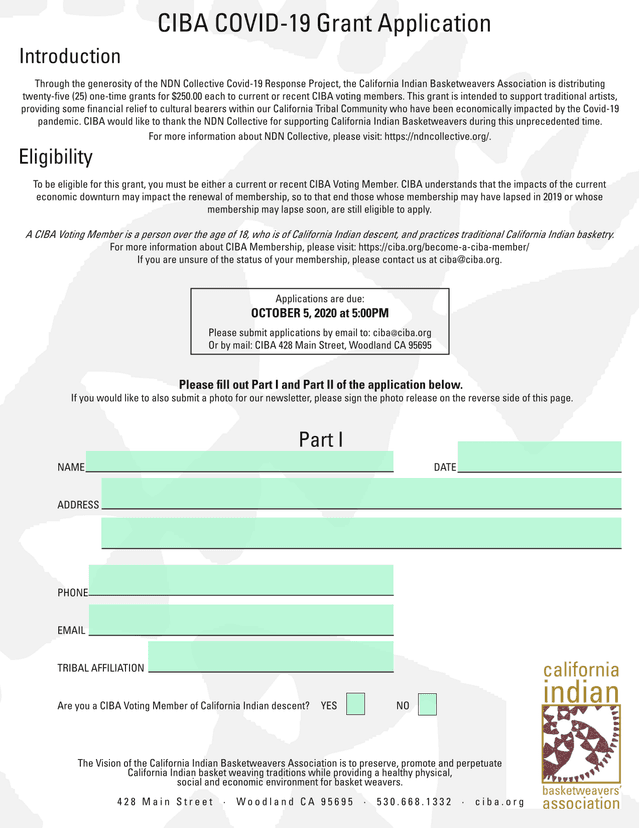 CIBA COVID 19 Grant Application screenshot