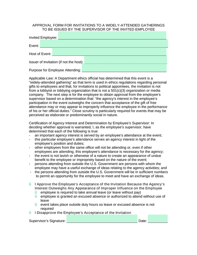 APPROVAL FORM FOR INVITATIONS TO A WIDELY ATTENDED GATHERINGS screenshot