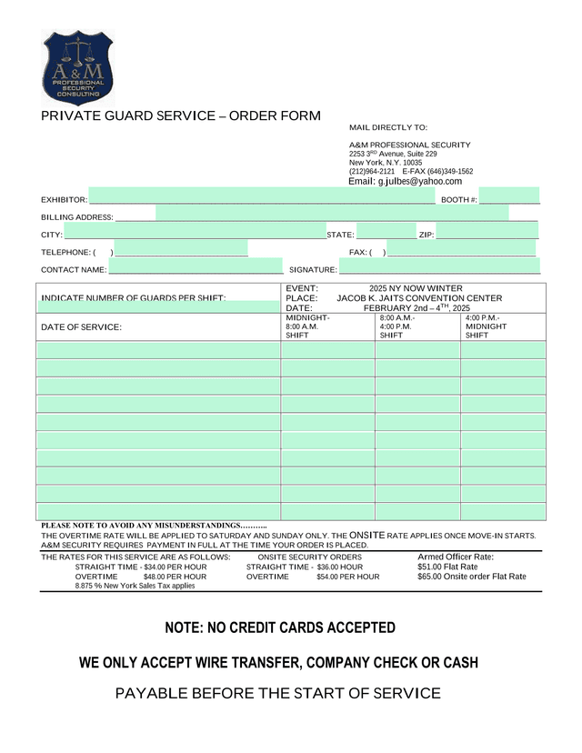 Private Guard Service  Order Form screenshot