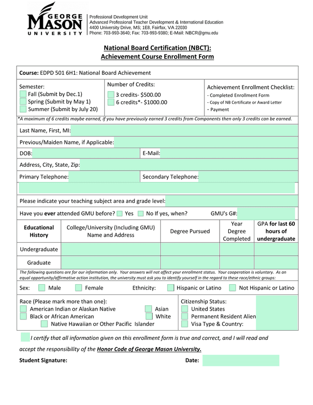 National Board Certification (NBCT) Achievement Course Enrollment Form screenshot