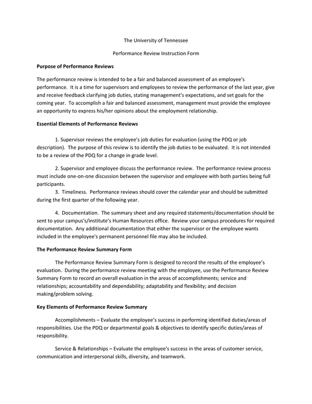 Performance Review Instruction Form screenshot