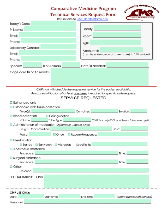 Comparative Medicine Program Technical Services Request Form screenshot