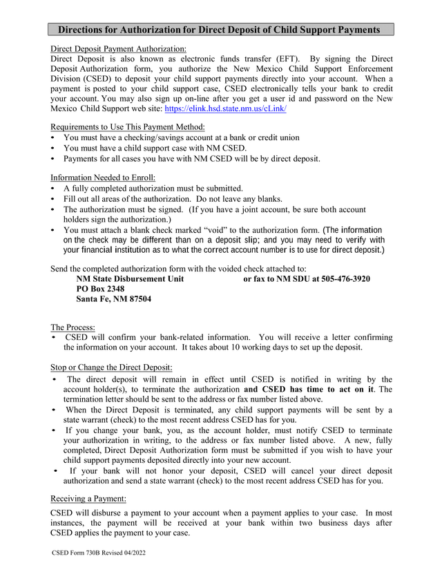 Directions For Authorization For Direct Deposit Of Child Support Payments screenshot