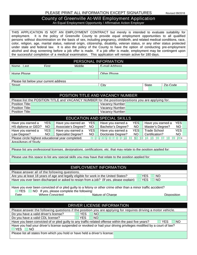 County Of Greenville At Will Employment Application screenshot