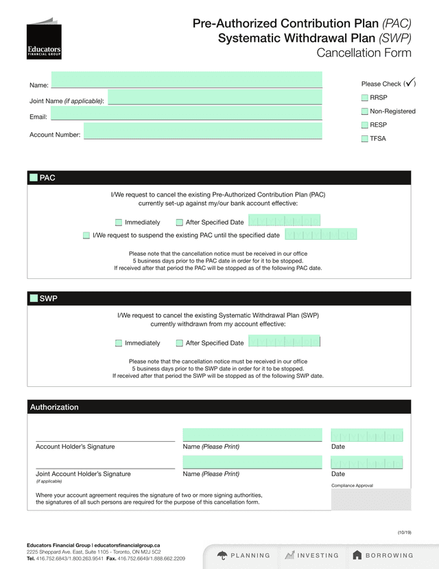 Pre Authorized Contribution Plan (PAC) Systematic Withdrawal Plan (SWP) Cancellation Form screenshot