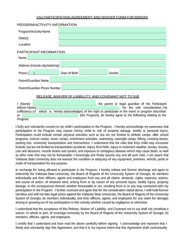 VSU Participation Agreement And Waiver Form For Minors screenshot