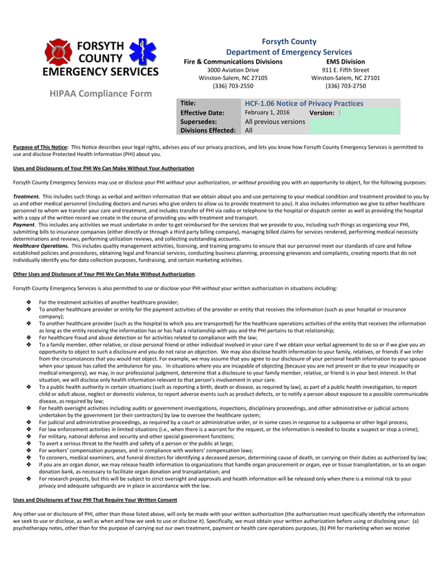 HCF 1.06 Notice Of Privacy Practices screenshot