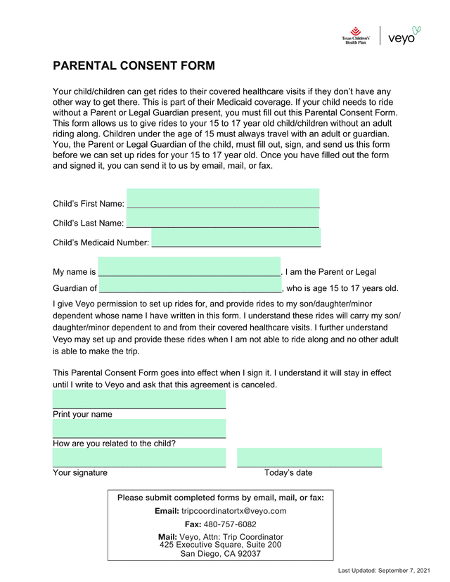 Parental Consent Form screenshot