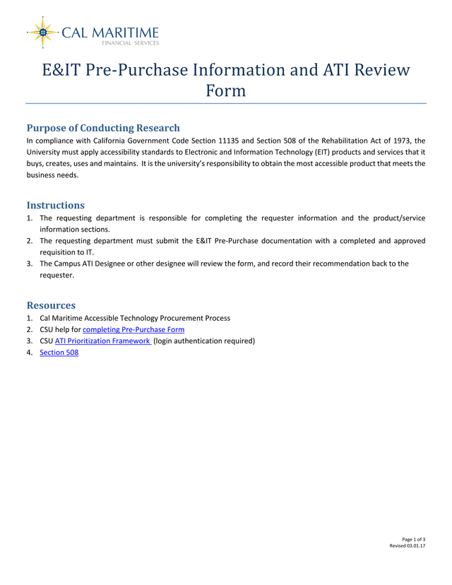 EIT Pre Purchase Information And ATI Review Form screenshot