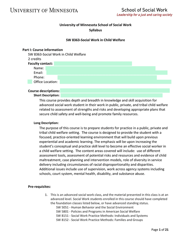 SW 8363 Social Work In Child Welfare Syllabus screenshot