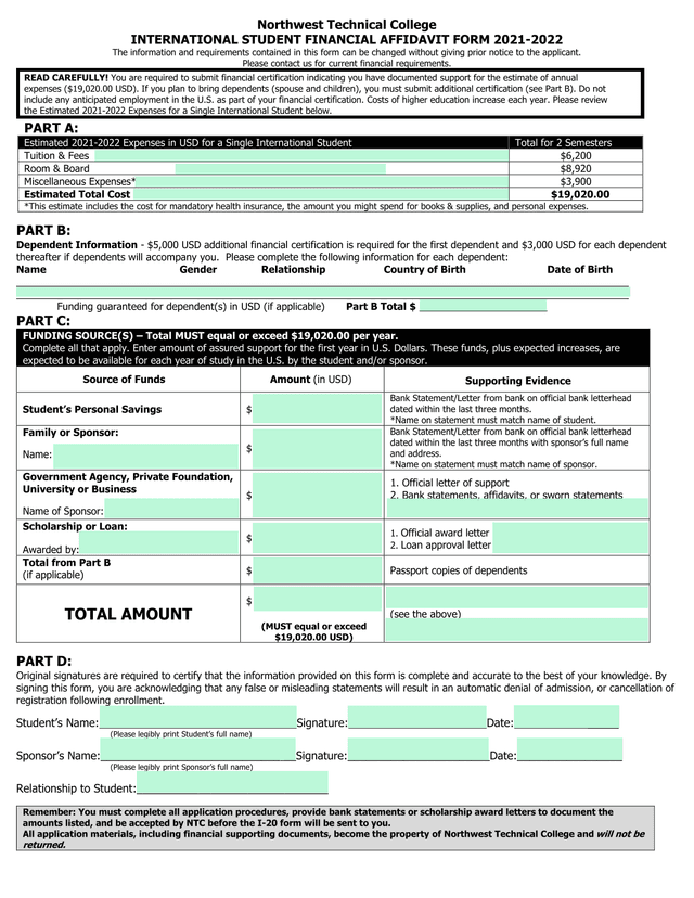 Northwest Technical College International Student Financial Affidavit Form 2021 2022 screenshot
