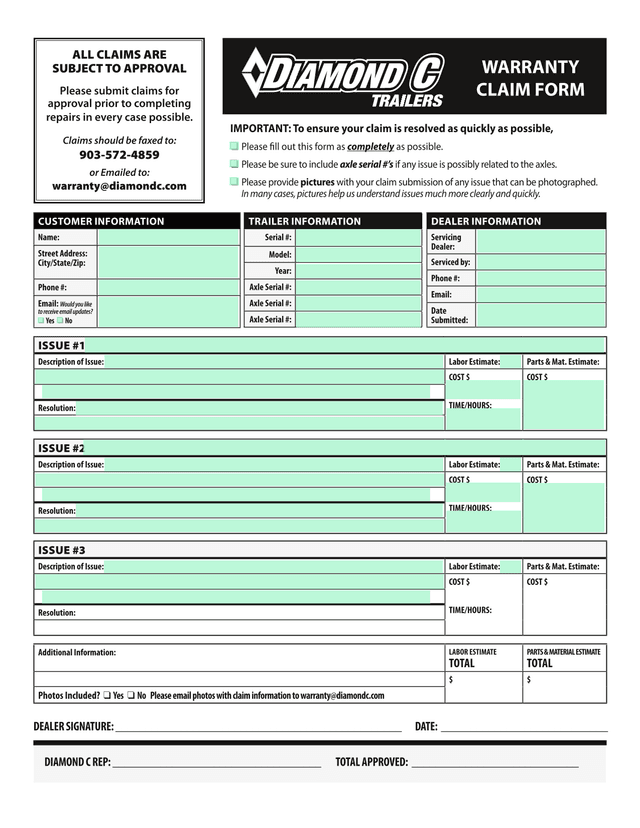 WARRANTY CLAIM FORM screenshot