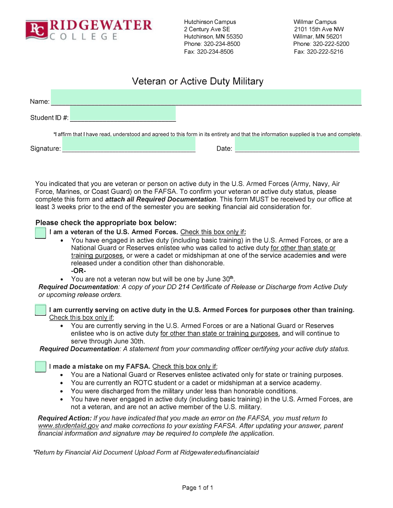 Veteran Or Active Duty Military Form screenshot
