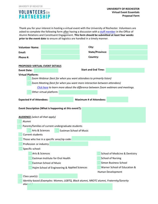 University Of Rochester Virtual Event Essentials Proposal Form screenshot