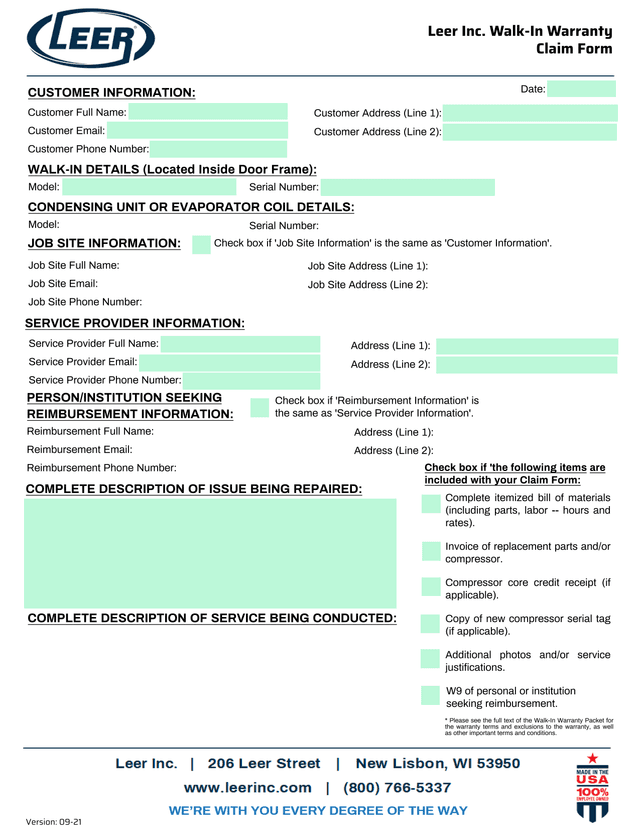 Leer Inc. Walk In Warranty Claim Form screenshot