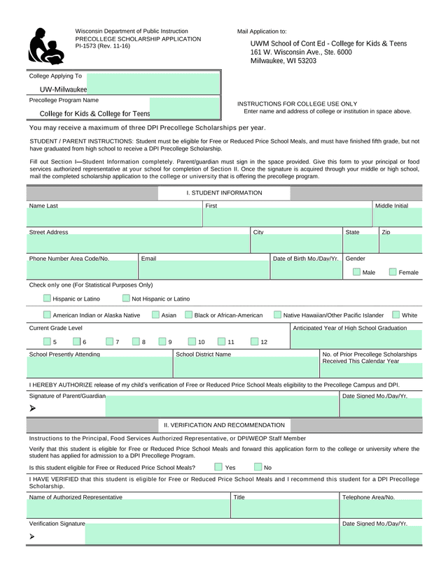 PRECOLLEGE SCHOLARSHIP APPLICATION screenshot