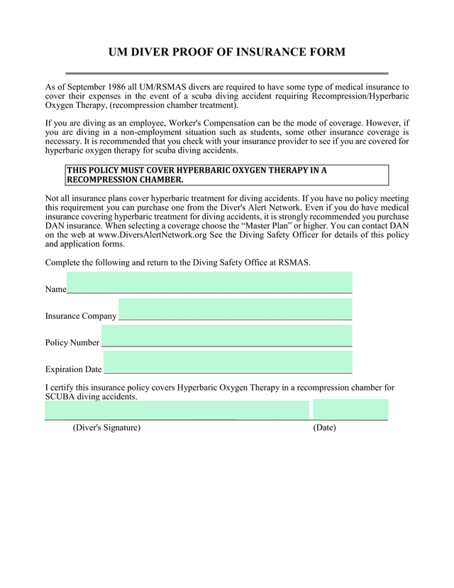 UM Diver Proof Of Insurance Form screenshot