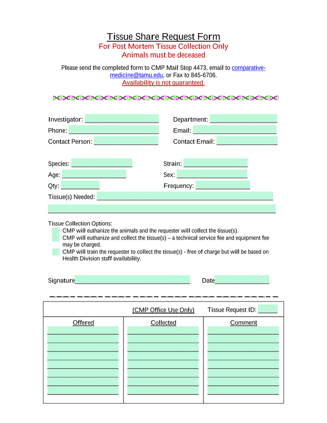 Tissue Share Request Form screenshot