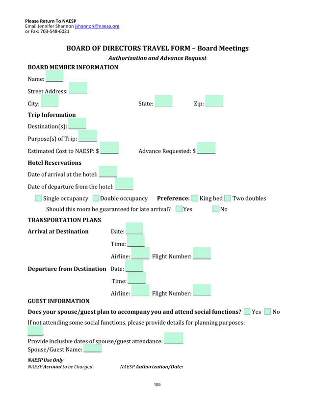 BOARD OF DIRECTORS TRAVEL FORM  Board Meetings Authorization And Advance Request screenshot
