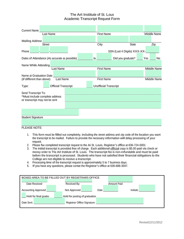 Academic Transcript Request Form screenshot