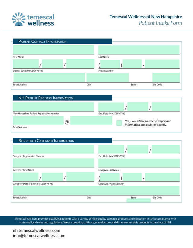 Temescal Wellness Of New Hampshire Patient Intake Form screenshot