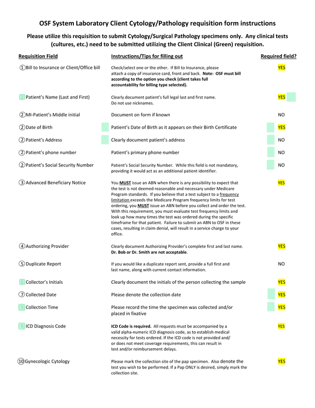 OSF System Laboratory Client CytologyPathology Requisition Form Instructions screenshot