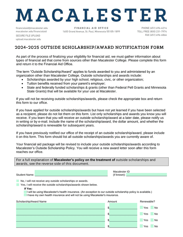 2024 2025 OUTSIDE SCHOLARSHIPAWARD NOTIFICATION FORM screenshot