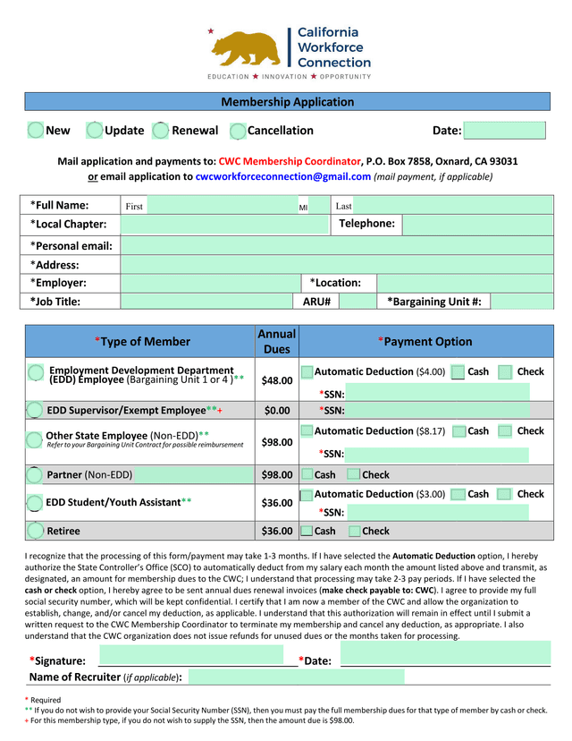 CWC Membership Application screenshot