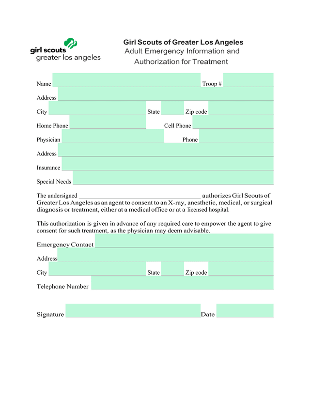 Girl Scouts Of Greater Los Angeles Adult Emergency Information And Authorization For Treatment screenshot