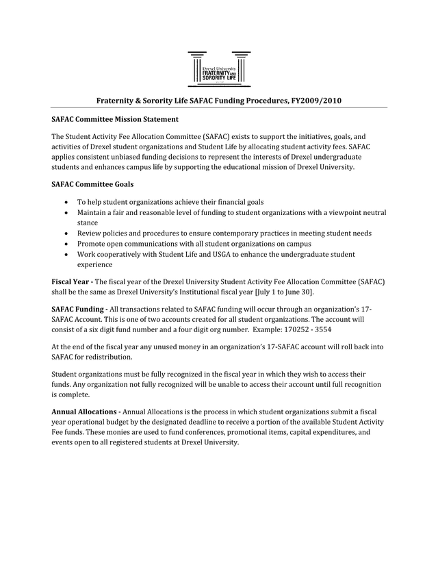 Fraternity  Sorority Life SAFAC Funding Procedures, FY20092010 screenshot