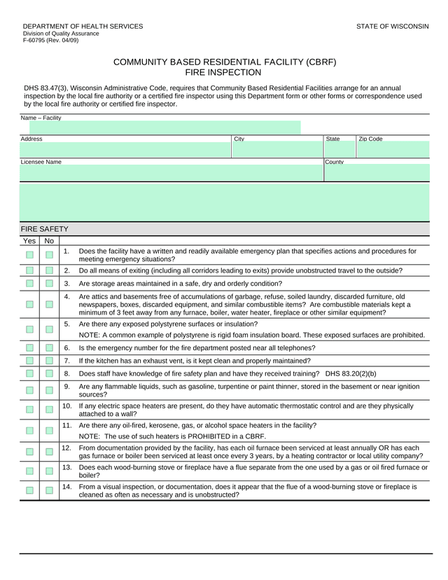 Community Based Residential Facility (CBRF) Fire Inspection screenshot