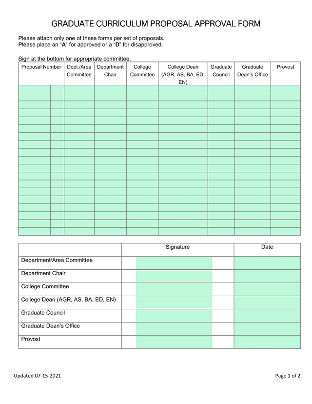 GRADUATE CURRICULUM PROPOSAL APPROVAL FORM screenshot