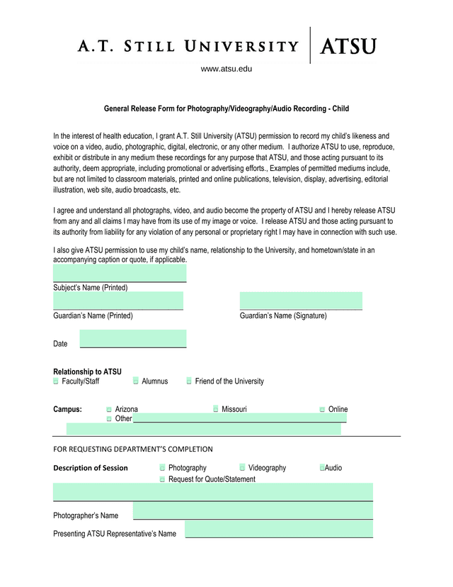 General Release Form For PhotographyVideographyAudio Recording   Child screenshot