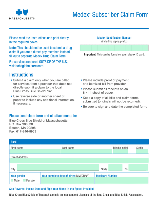 Medex Subscriber Claim Form screenshot