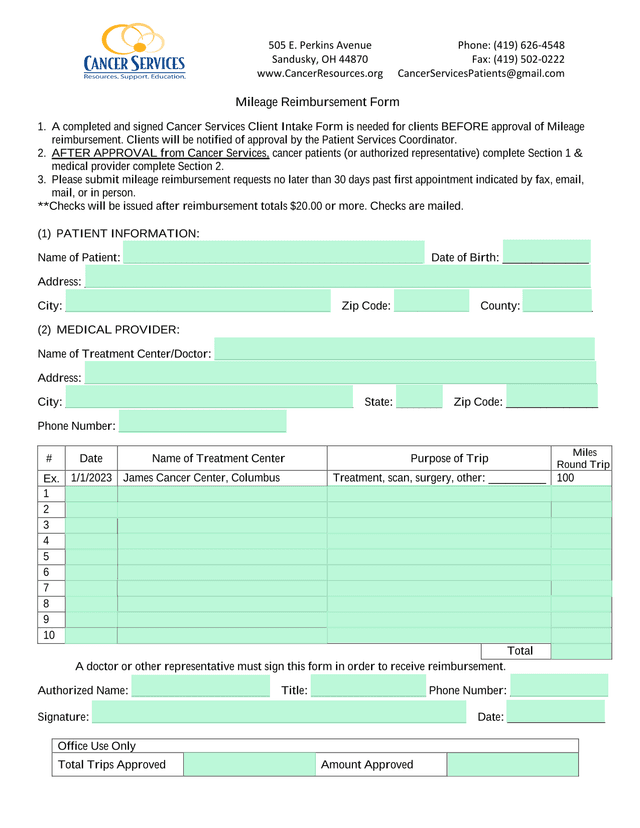 Mileage Reimbursement Form screenshot