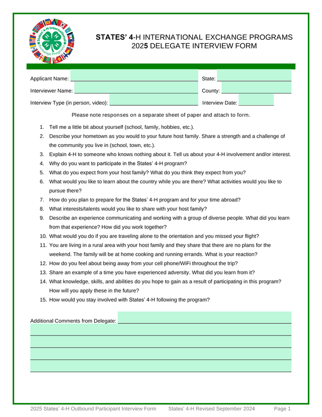 2025 States 4 H Outbound Participant Interview Form screenshot