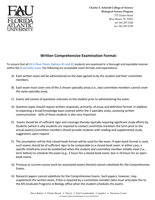 Written Comprehensive Examination Format screenshot