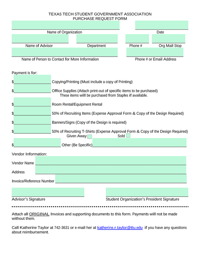 Texas Tech Student Government Association Purchase Request Form screenshot