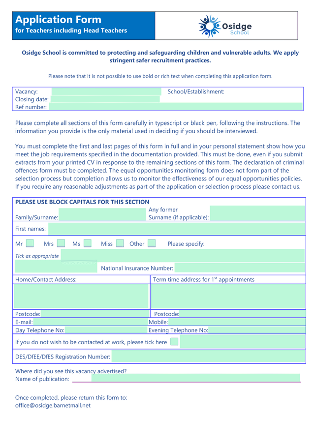 Application Form For Teachers Including Head Teachers screenshot