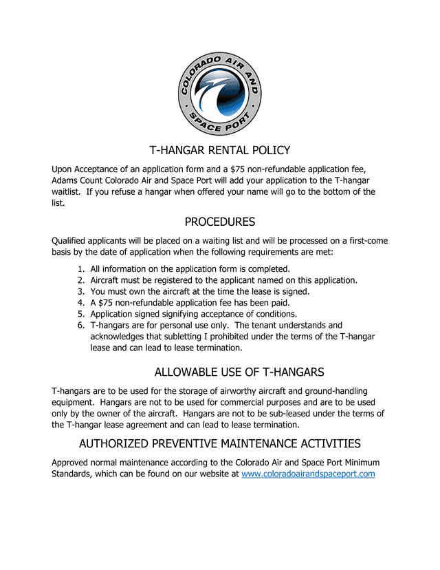 T Hangar Rental Application screenshot