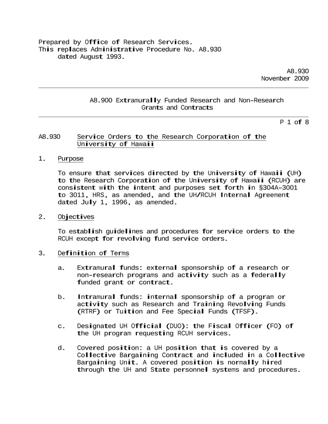 A8.930 Service Orders To The Research Corporation Of The University Of Hawaii screenshot