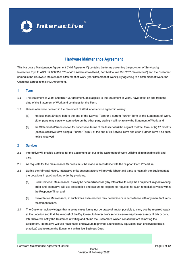 Hardware Maintenance Agreement screenshot