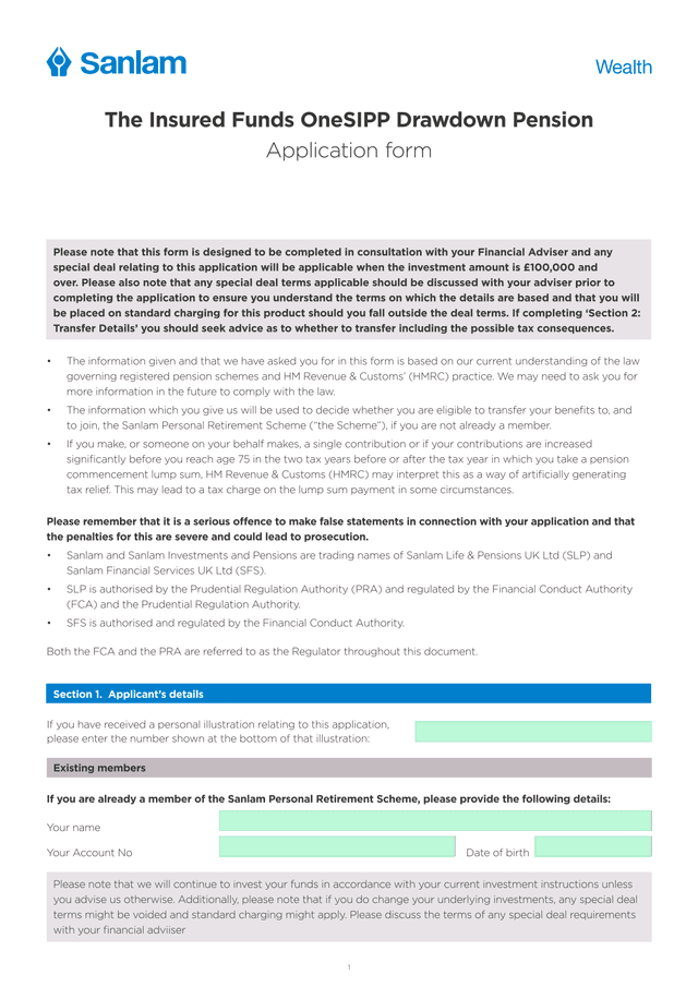 The Insured Funds OneSIPP Drawdown Pension Application Form screenshot