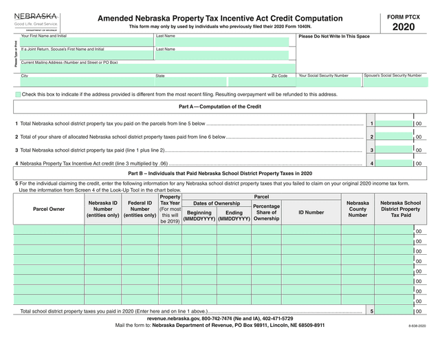 FORM PTCX   Amended Nebraska Property Tax Incentive Act Credit Computation screenshot