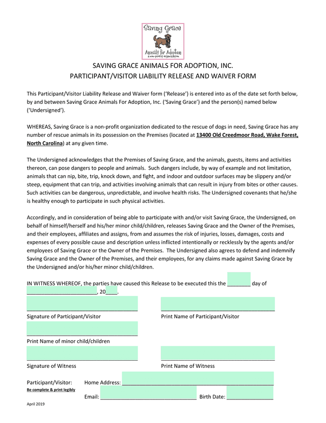 ParticipantVisitor Liability Release And Waiver Form screenshot