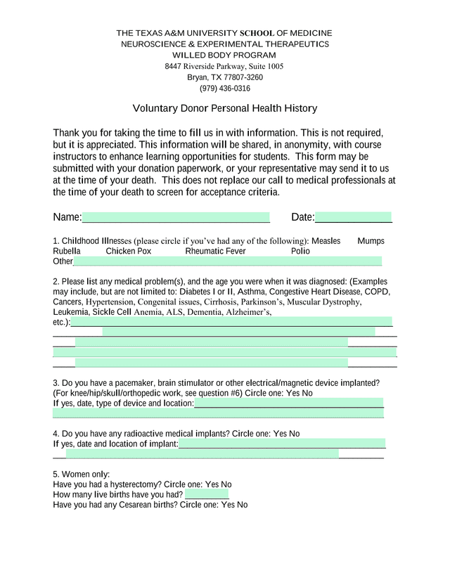 Voluntary Donor Personal Health History screenshot