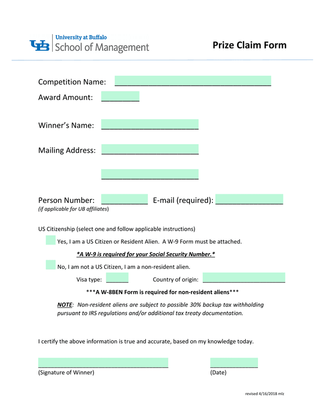 Prize Claim Form screenshot