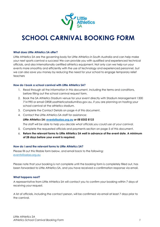 Athletics School Carnival Booking Form screenshot
