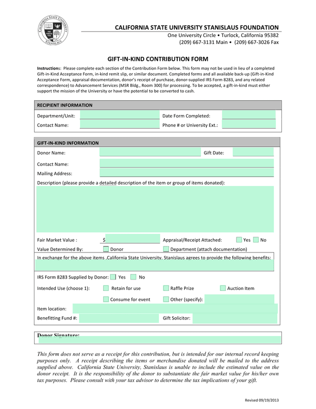 GIFT IN KIND CONTRIBUTION FORM screenshot